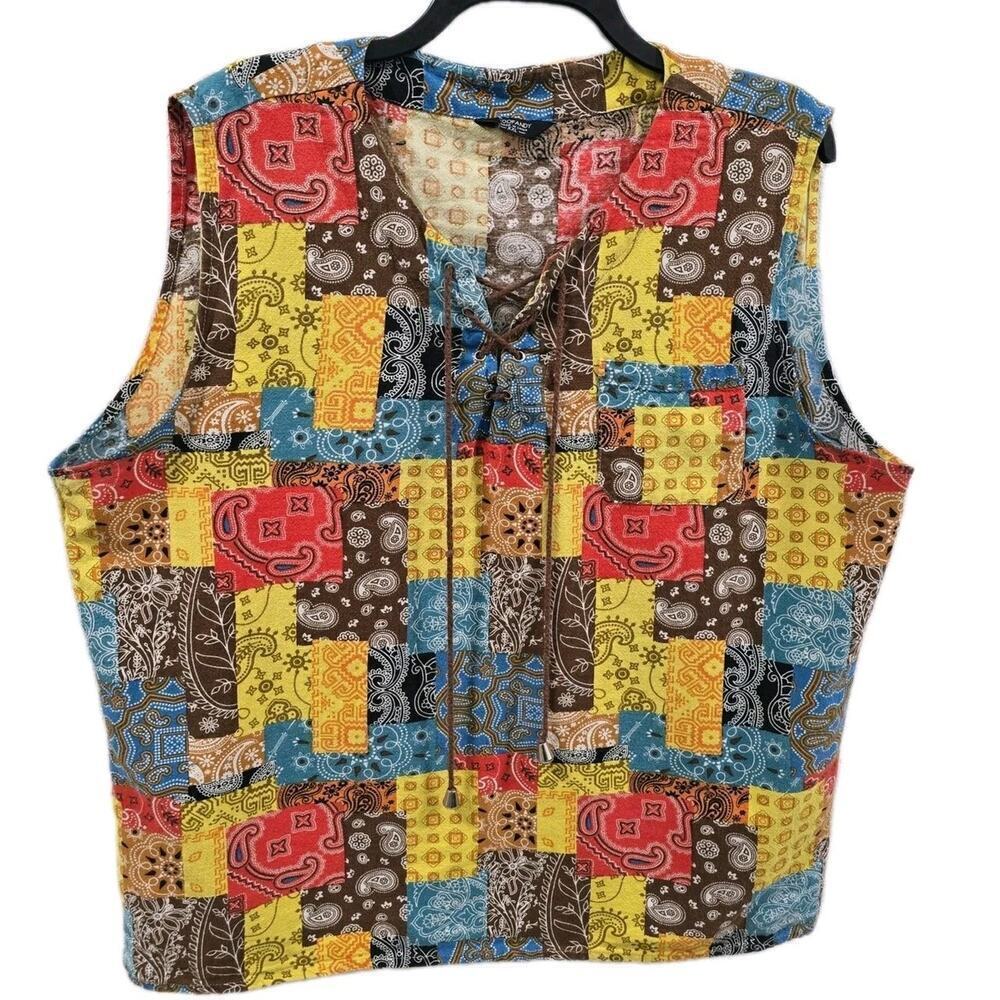 Coofandy Mens Cotton Tank Tops Sleeveless Lace-up Folk Print Loose Vest Beach 2X